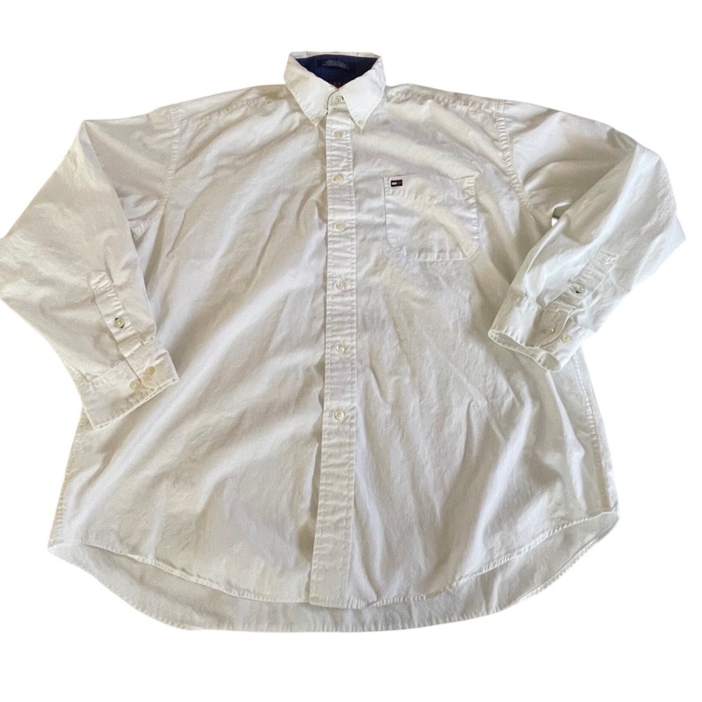 Tommy Hilfiger Mens White Cotton Long Sleeve Button Down Shirt Large Flag Logo